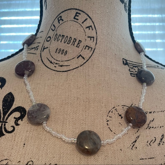 Genuine Gorgeous Grey Agate Necklace with Glass Beads - Picture 1 of 7